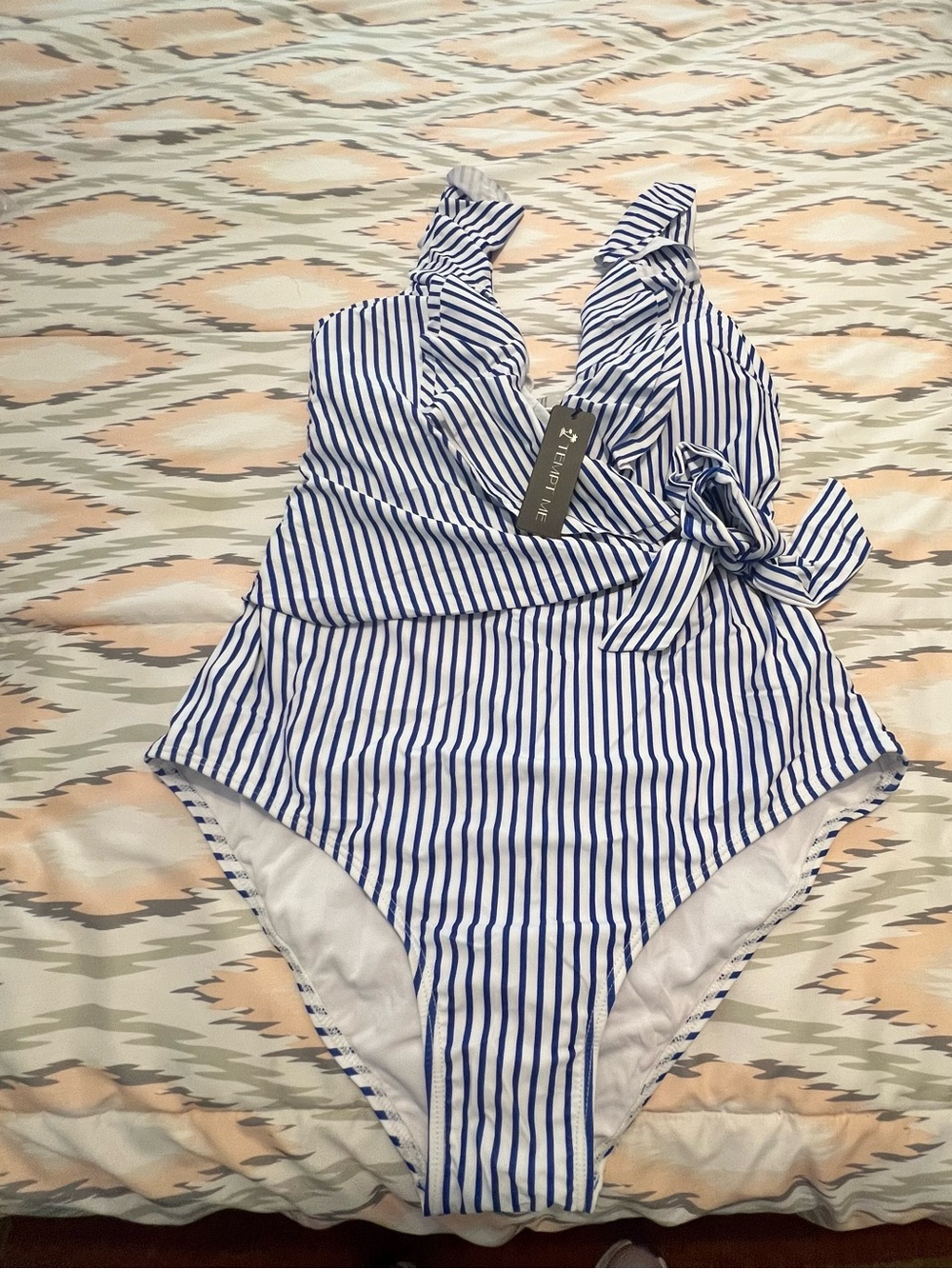 Blue and White Striped One-Piece Swimsuit with Side Tie